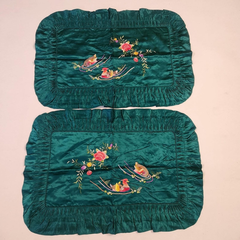 Vintage Emerald Green Satin Embroidered Mandarin Duck Floral Pillow Shams Pair